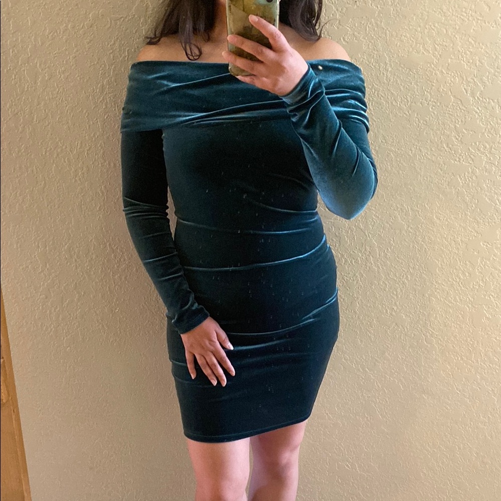 Forest Green Velvet Off-Shoulder Dress